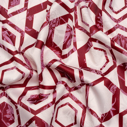 Stretch Flowers and Cranes Jacquard Print - Berry Red and White Hexagons - Mood Exclusive Cherry Hive