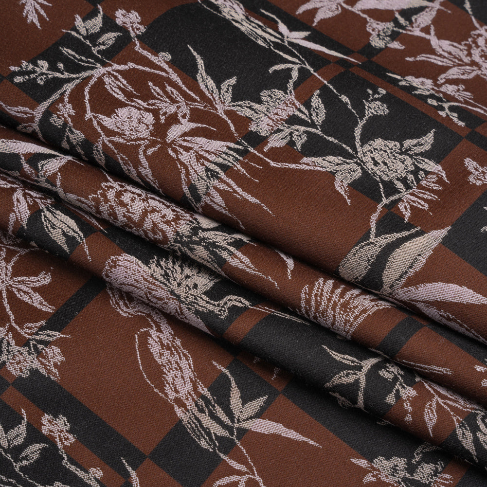 Stretch Flowers and Cranes Jacquard Print - Brown and Black Plaid - Mood Exclusive Long Live Folded