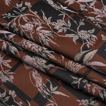 Stretch Flowers and Cranes Jacquard Print - Brown and Black Plaid - Mood Exclusive Long Live Folded