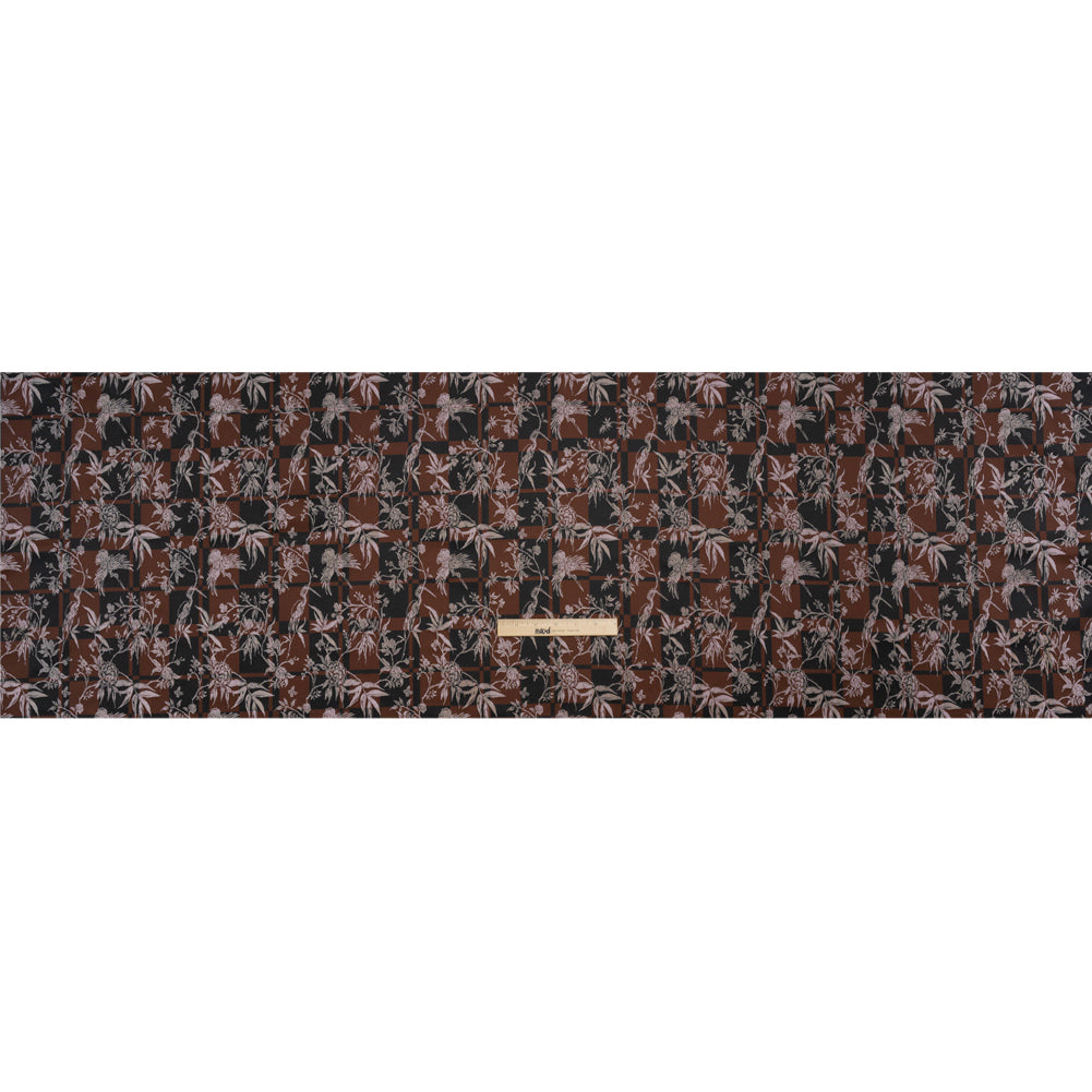Stretch Flowers and Cranes Jacquard Print - Brown and Black Plaid - Mood Exclusive Long Live Full