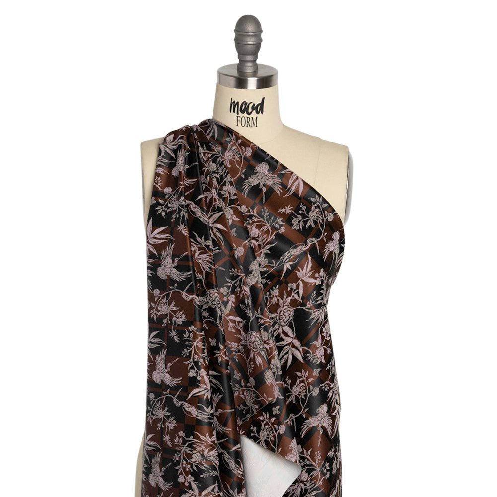 Stretch Flowers and Cranes Jacquard Print - Brown and Black Plaid - Mood Exclusive Long Live Drape