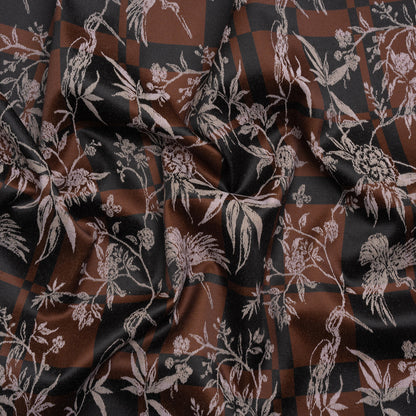 Stretch Flowers and Cranes Jacquard Print - Brown and Black Plaid - Mood Exclusive Long Live