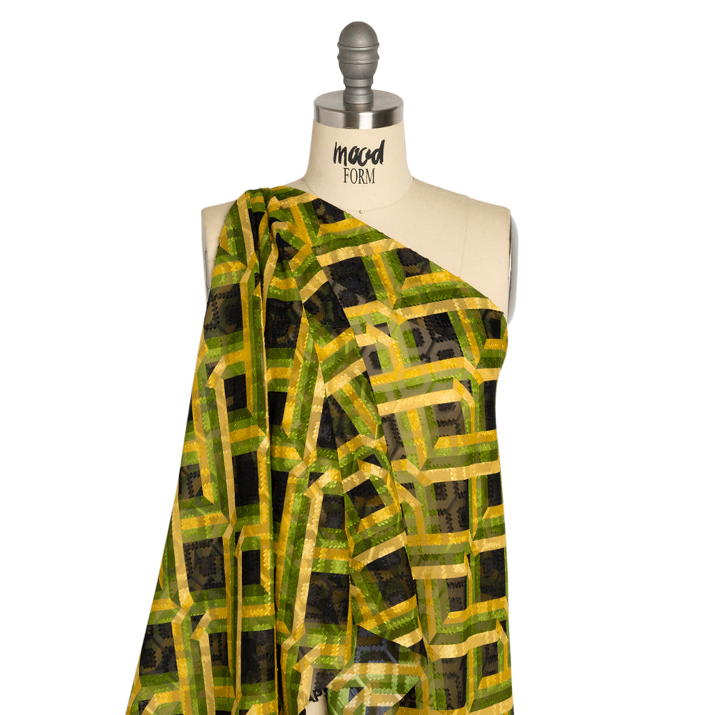 Geometric Burnout Polyester Woven Print - Green, Yellow and Black Geometric - Mood Exclusive Bananquit Babble Detail