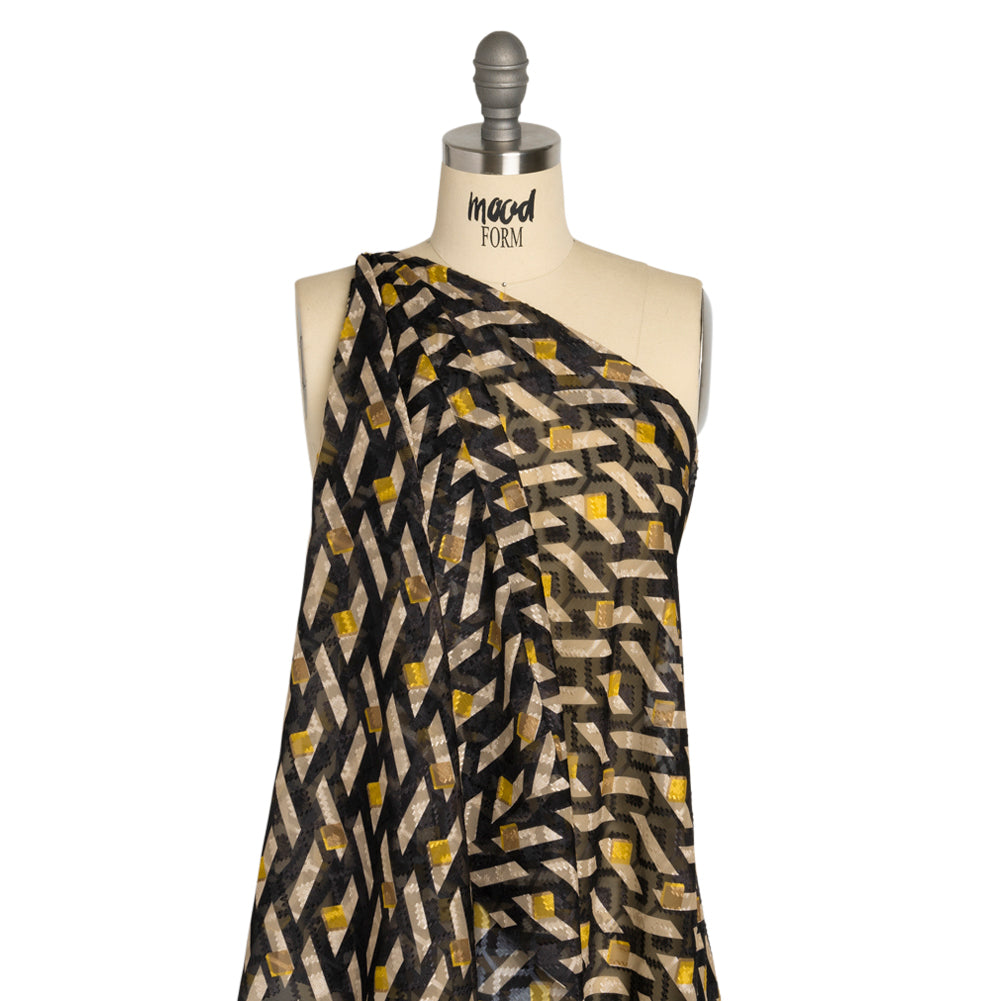 Geometric Burnout Polyester Woven Print - Black and Yellow Geometric - Mood Exclusive Treasures Untold Detail