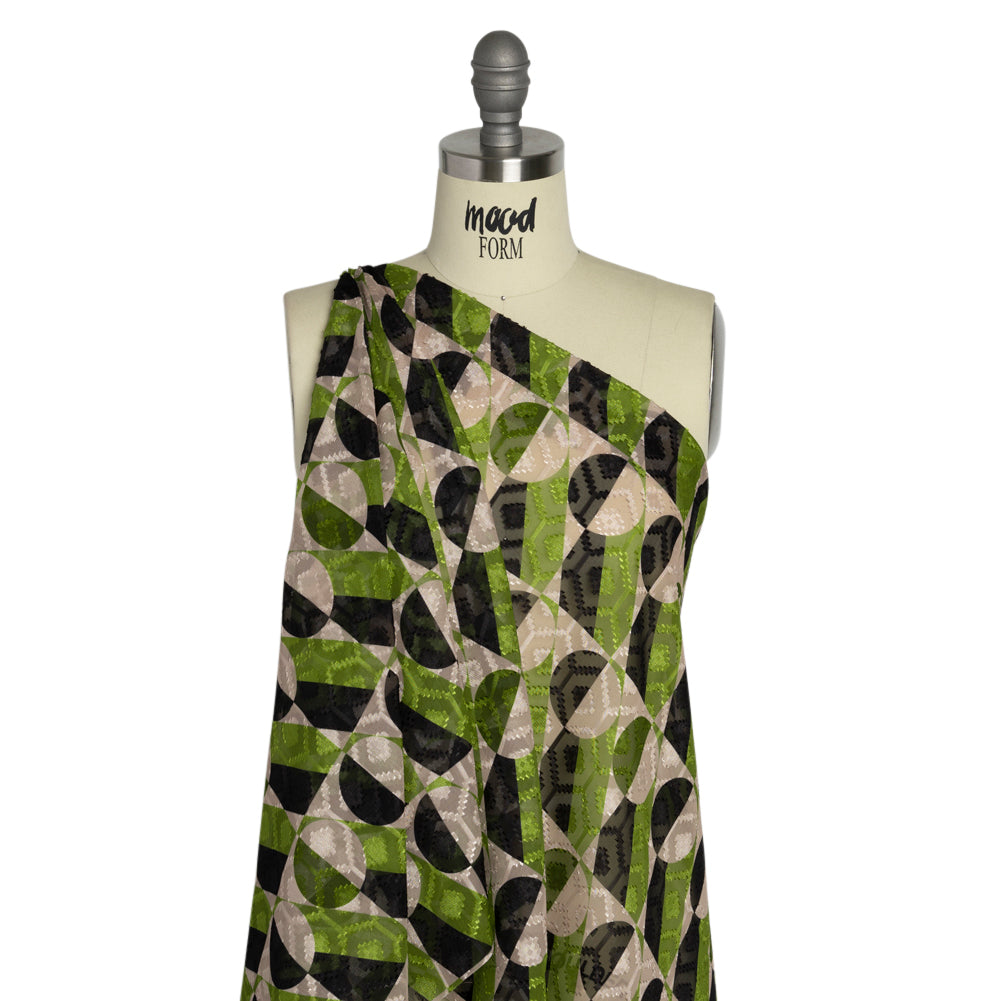 Geometric Burnout Polyester Woven Print - Green Circles and Rectangles - Mood Exclusive Floyd's Moon Detail