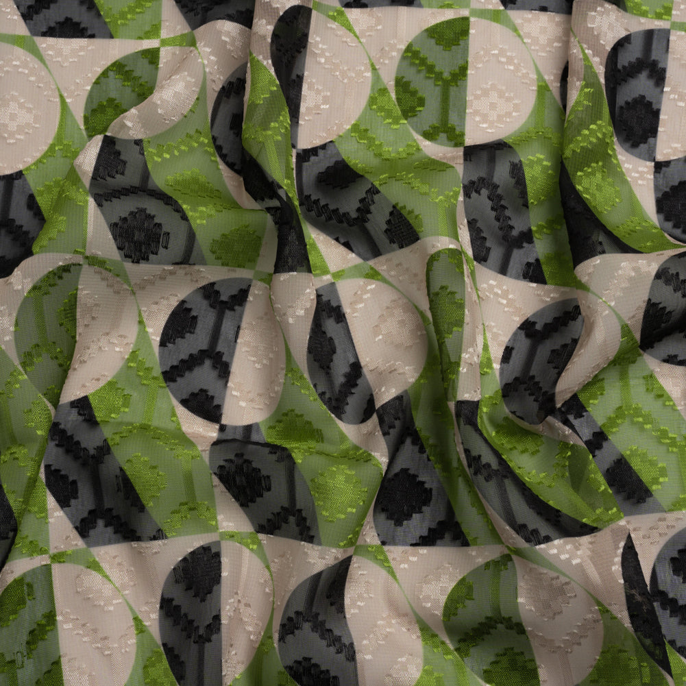 Geometric Burnout Polyester Woven Print - Green Circles and Rectangles - Mood Exclusive Floyd's Moon