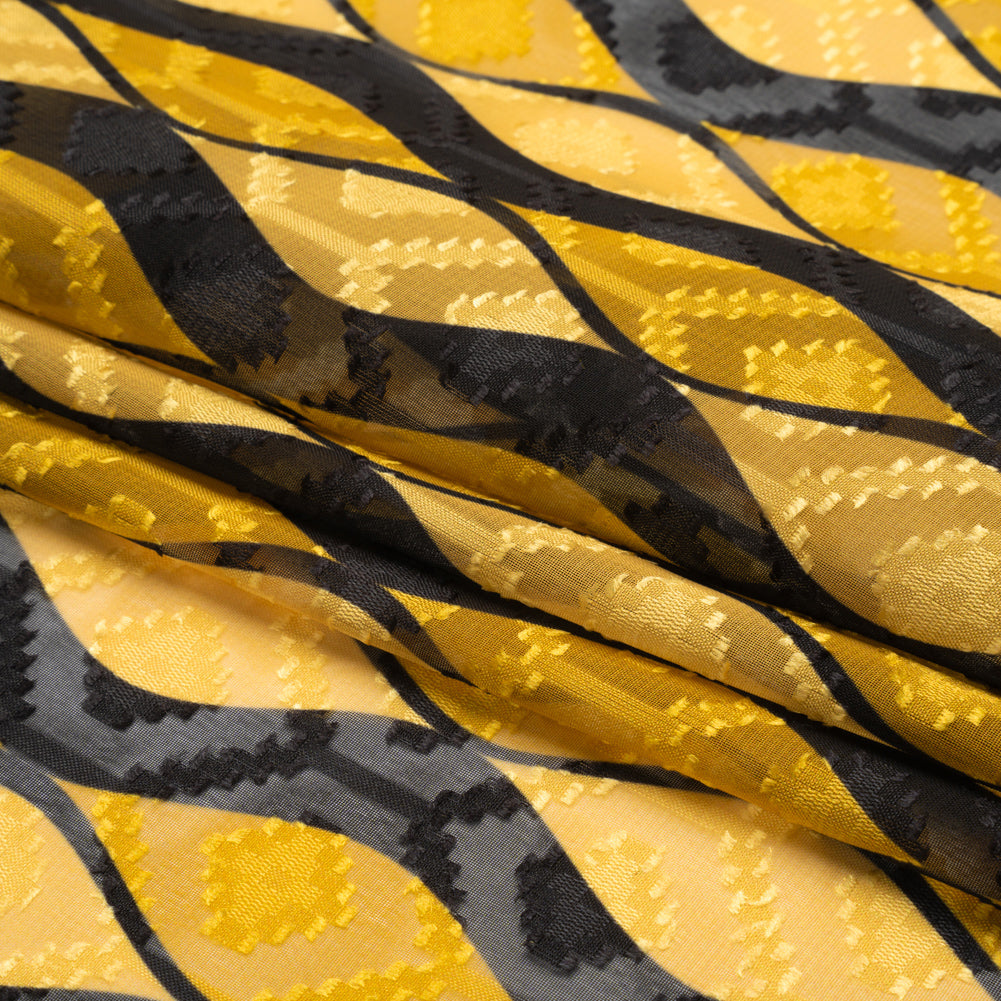 Geometric Burnout Polyester Woven Print - Saffron Yellow Waves - Mood Exclusive Mayfield Falls Full