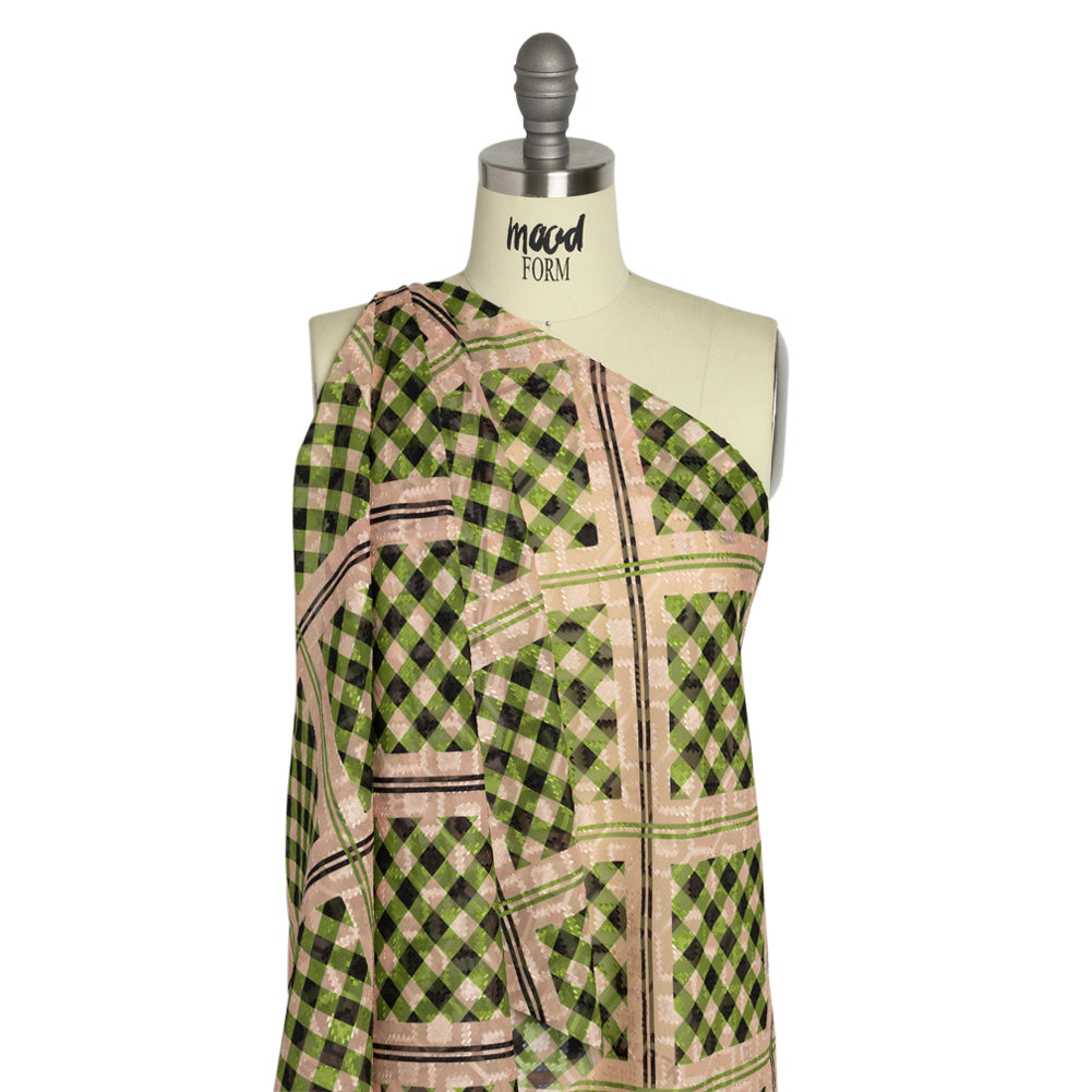 Geometric Burnout Polyester Woven Print - Leaf Green Gingham Plaid - Mood Exclusive Al Fresco Feast Detail