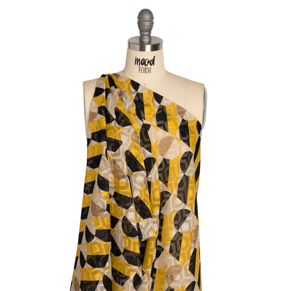 Geometric Burnout Polyester Woven Print - Yellow Circles and Rectangles - Mood Exclusive Floyd's Moon Detail