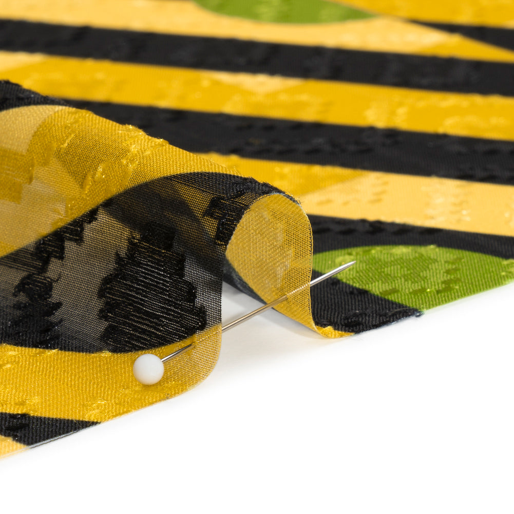 Geometric Burnout Polyester Woven Print - Goldenrod Half Circles and Stripes - Mood Exclusive Sunrise Kingdom Folded
