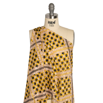 Geometric Burnout Polyester Woven Print - Goldenrod Yellow Gingham Plaid - Mood Exclusive Al Fresco Feast Detail