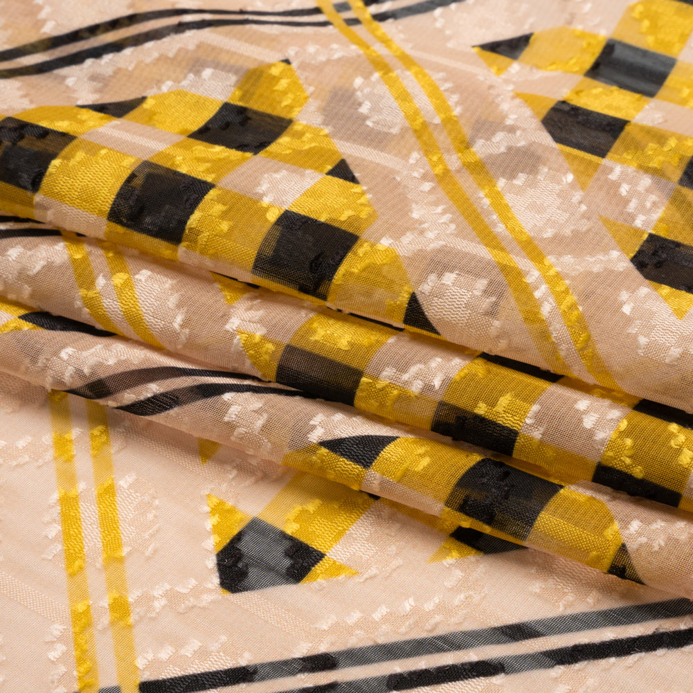 Geometric Burnout Polyester Woven Print - Goldenrod Yellow Gingham Plaid - Mood Exclusive Al Fresco Feast Full