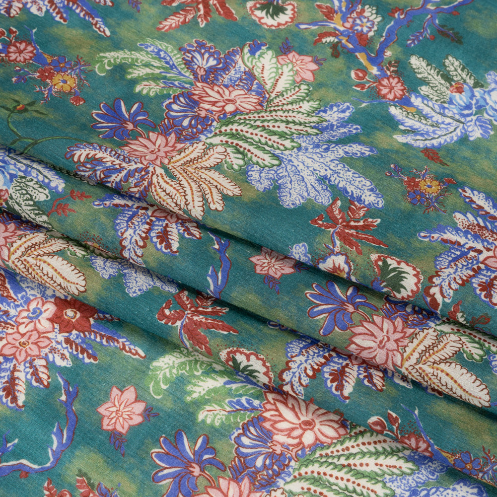 Crinkled Cotton Gauzy Woven Print - Forest Green, Red and Blue Floral - Mood Exclusive Derbyshire Stroll Folded