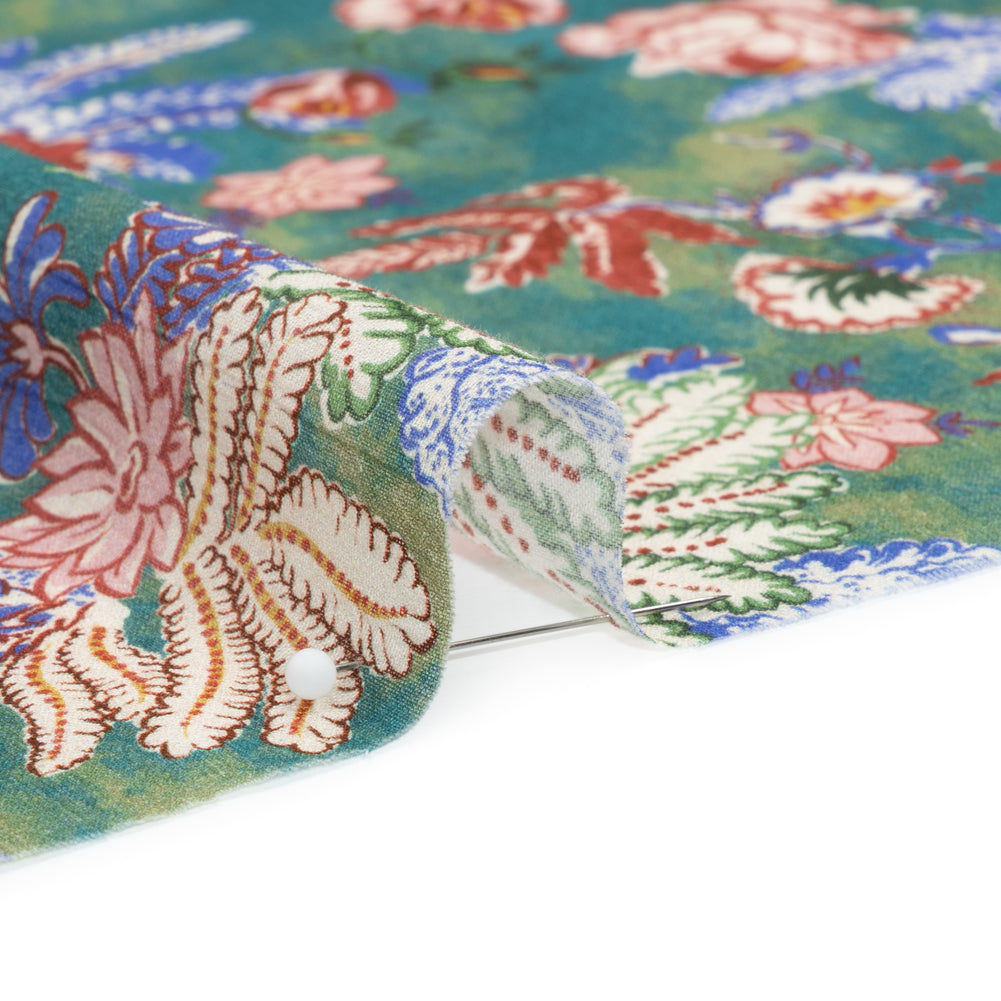 Crinkled Cotton Gauzy Woven Print - Forest Green, Red and Blue Floral - Mood Exclusive Derbyshire Stroll Detail