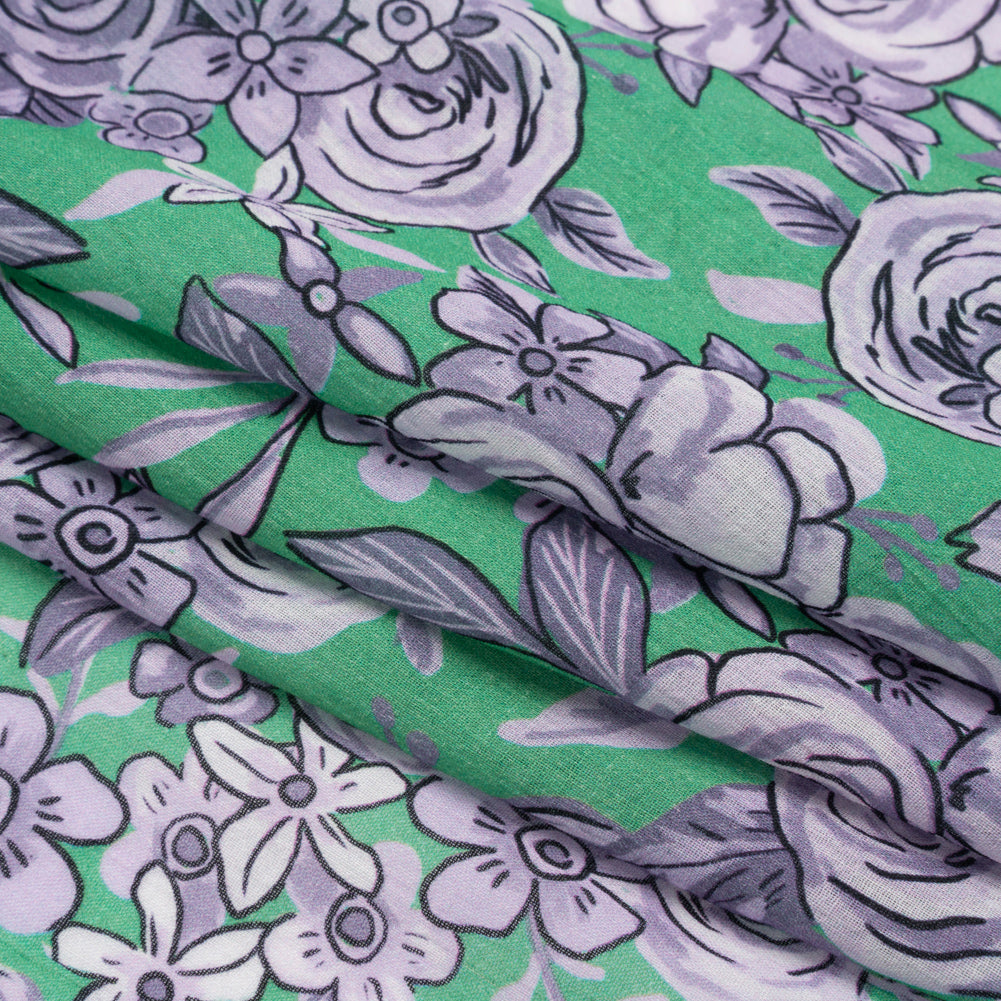 Crinkled Cotton Gauzy Woven Print - Lilac and Green Floral - Mood Exclusive Floral Farewell Folded