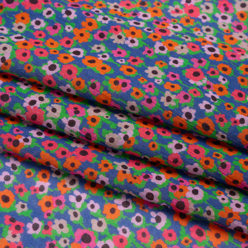 Crinkled Cotton Gauzy Woven Print - Hot Pink, Orange and Blue Floral - Mood Exclusive Bed of Begonias Folded