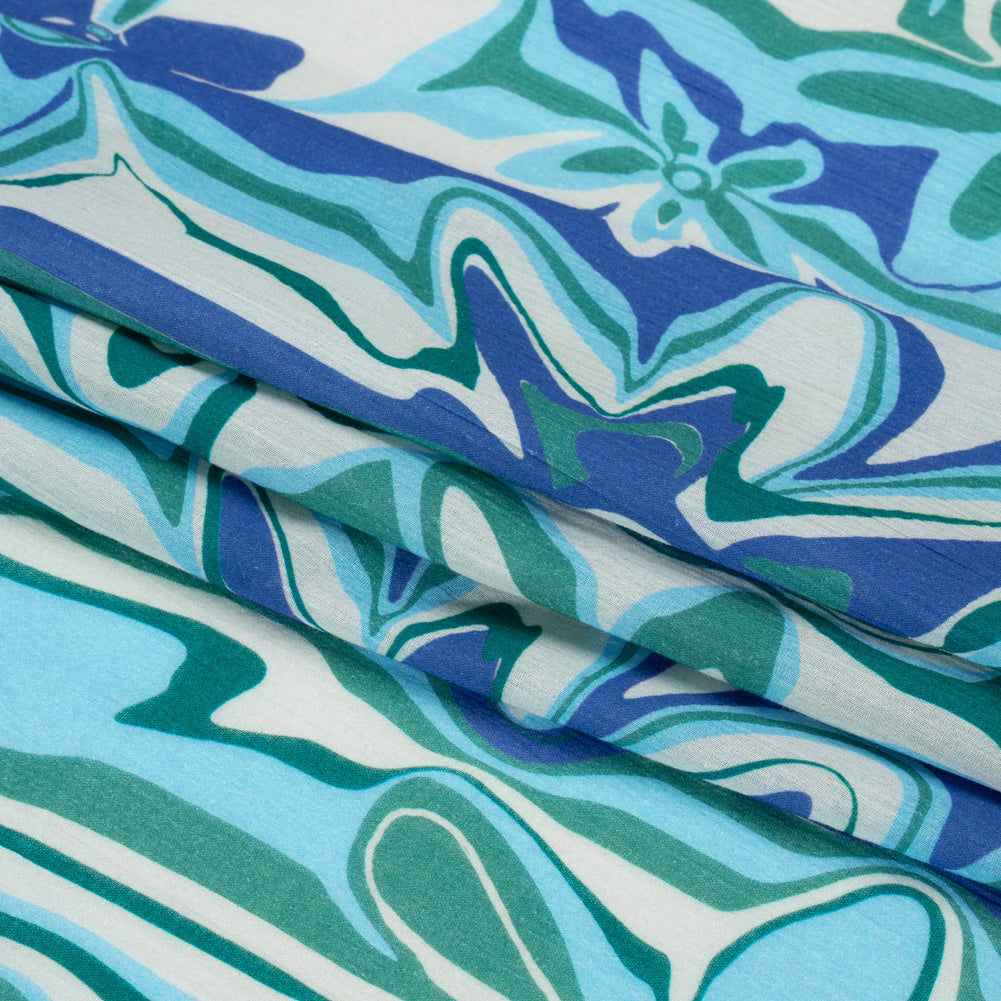 Crinkled Cotton Gauzy Woven Print - Blue and Green Floral Ripples - Mood Exclusive Float On Folded