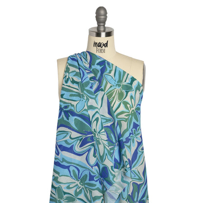 Crinkled Cotton Gauzy Woven Print - Blue and Green Floral Ripples - Mood Exclusive Float On Drape