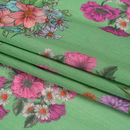 Crinkled Cotton Gauzy Woven Print - Green and Pink Floral Bunches - Mood Exclusive Flower Shoppe Folded