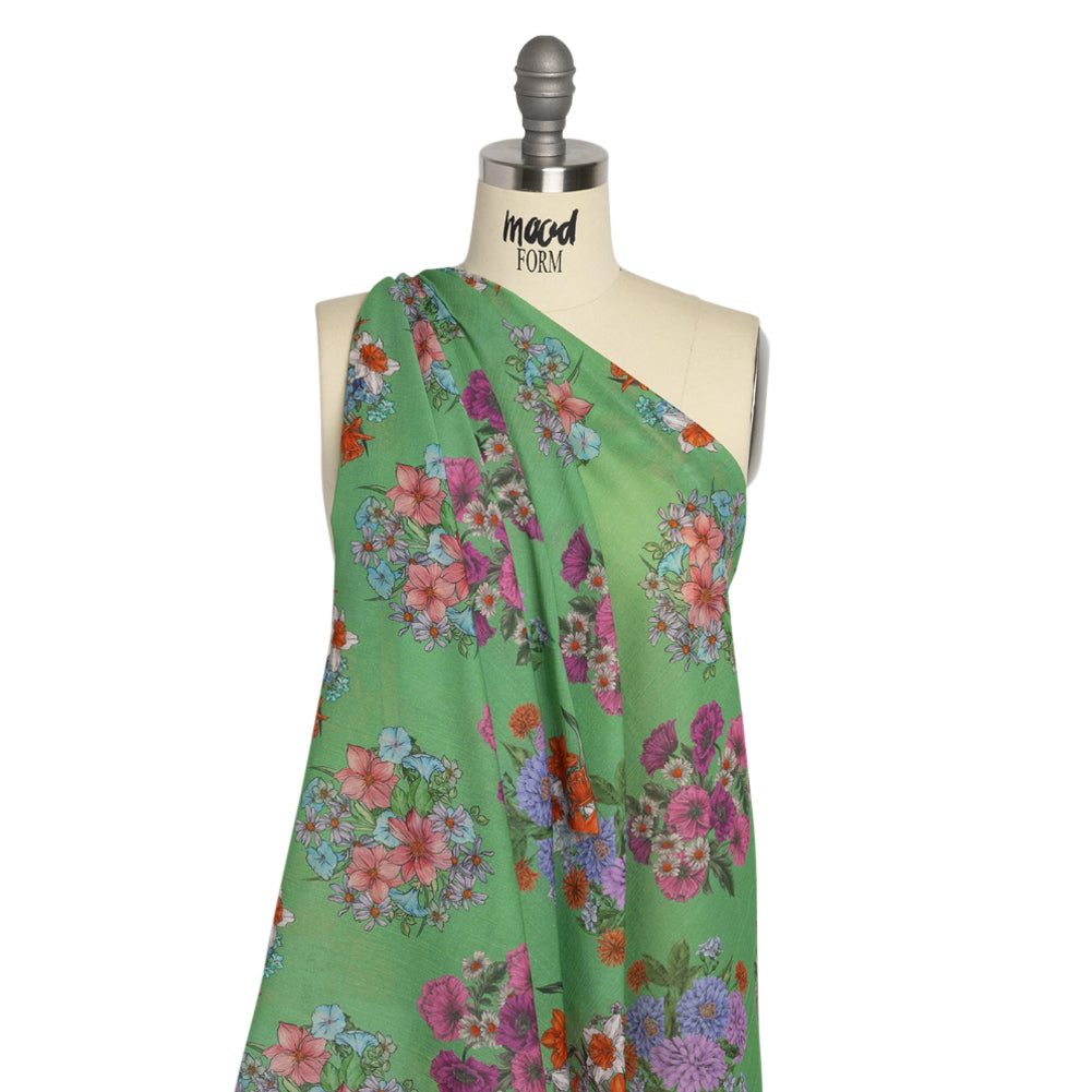 Crinkled Cotton Gauzy Woven Print - Green and Pink Floral Bunches - Mood Exclusive Flower Shoppe Drape