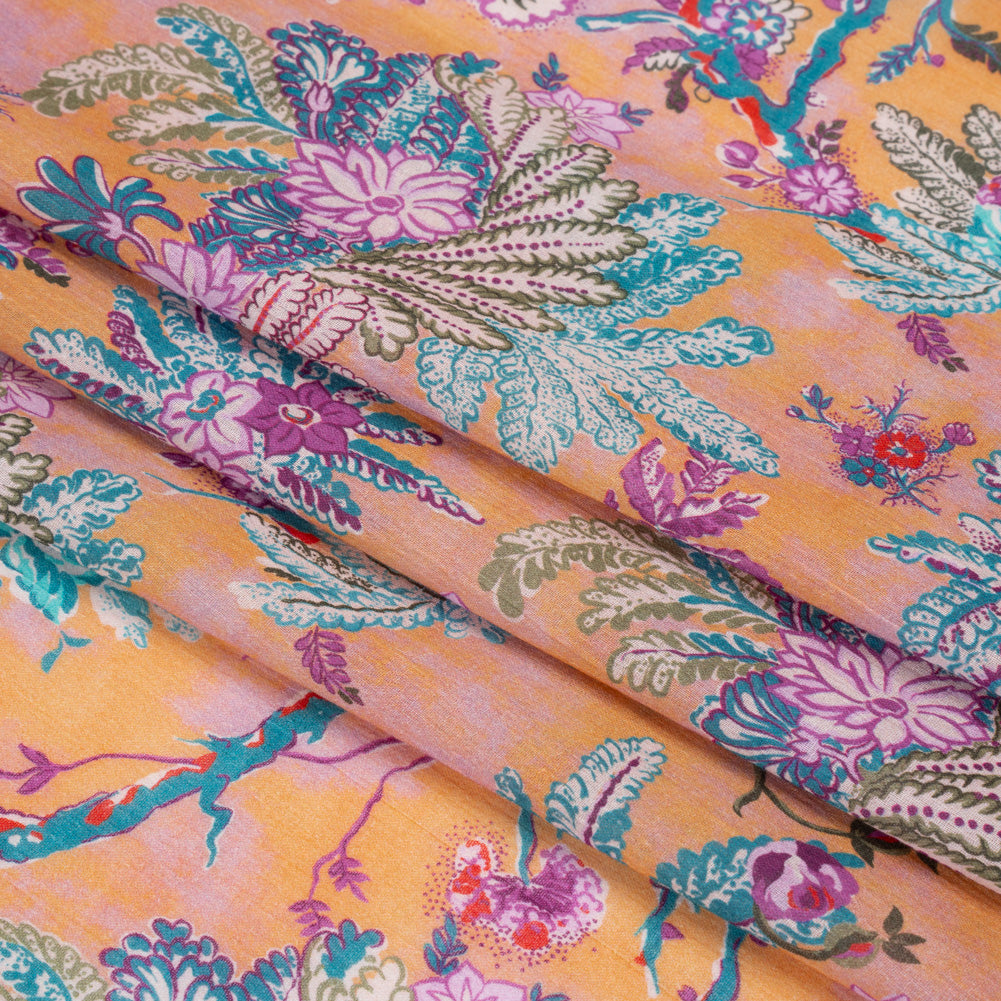 Crinkled Cotton Gauzy Woven Print - Creamsicle, Pink and Blue Floral - Mood Exclusive Derbyshire Stroll Folded