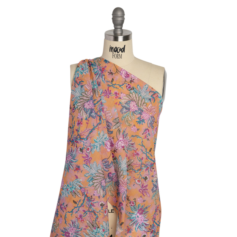 Crinkled Cotton Gauzy Woven Print - Creamsicle, Pink and Blue Floral - Mood Exclusive Derbyshire Stroll Drape