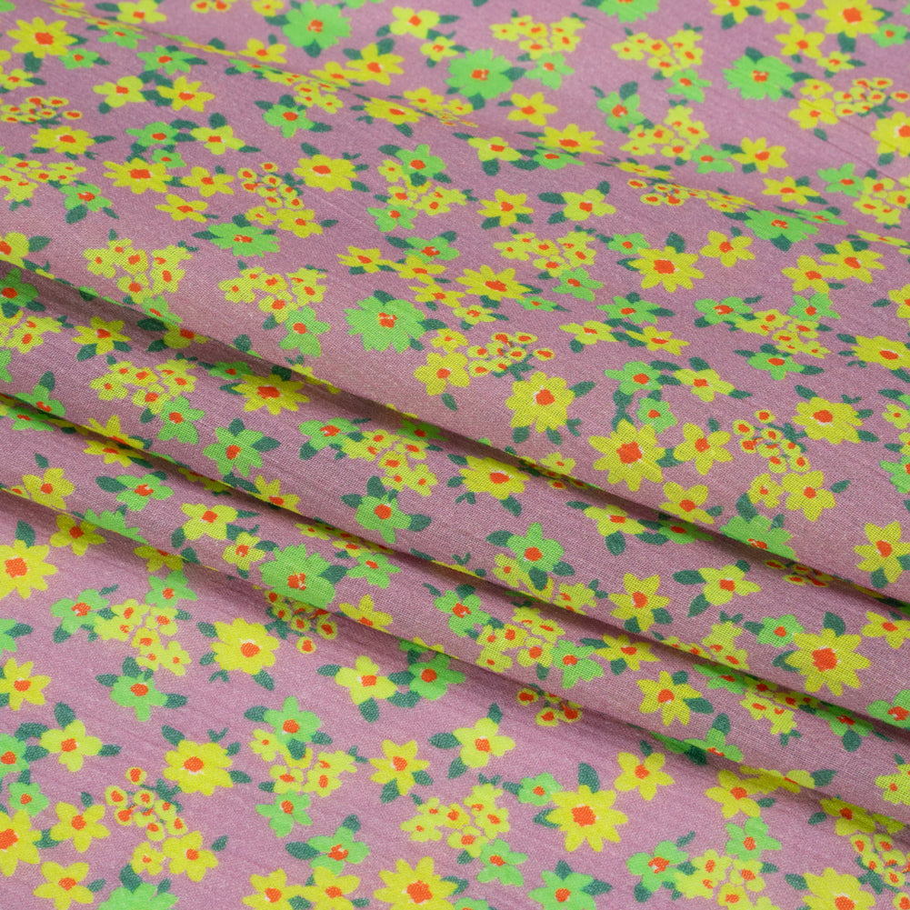 Crinkled Cotton Gauzy Woven Print - Yellow, Green and Lavender - Mood Exclusive Little Lillies Folded