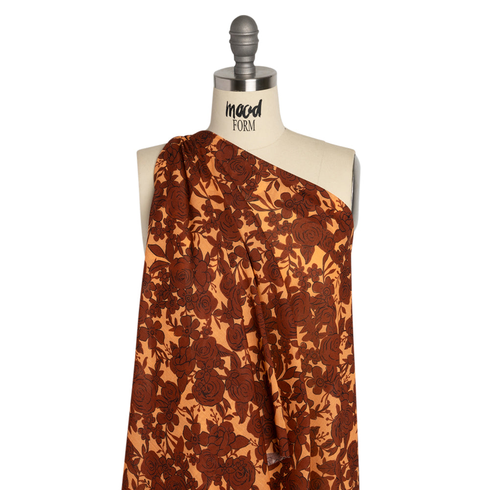Crinkled Cotton Gauzy Woven Print - Rust and Pale Orange Floral - Mood Exclusive Floral Farewell Drape