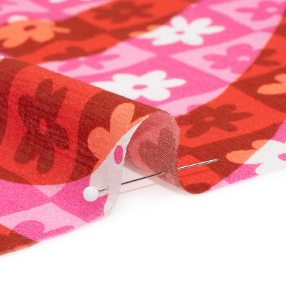 Crinkled Cotton Gauzy Woven Print - Red and Pink Flowers and Swirls on Checks - Mood Exclusive Gardener's Game Detail
