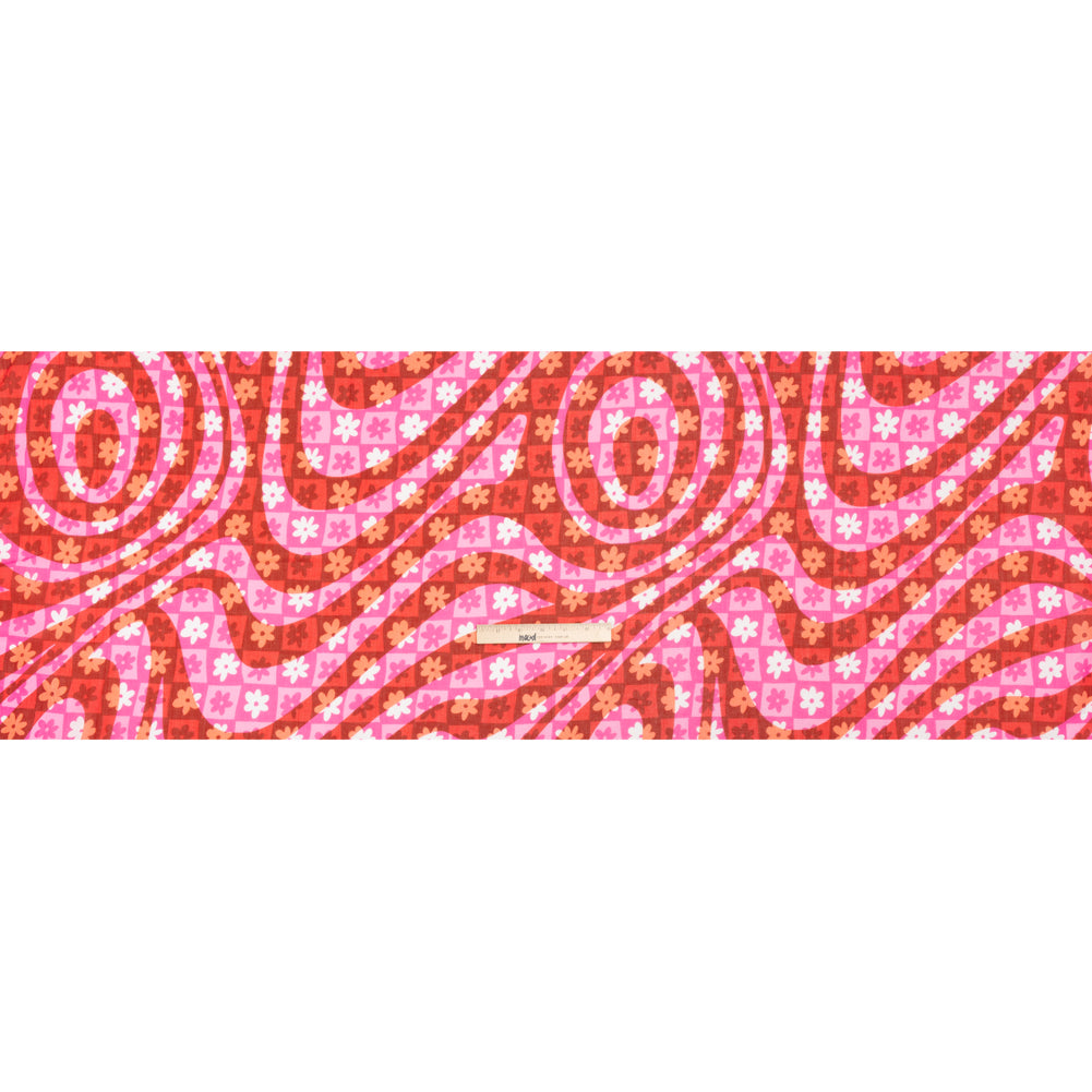 Crinkled Cotton Gauzy Woven Print - Red and Pink Flowers and Swirls on Checks - Mood Exclusive Gardener's Game Full