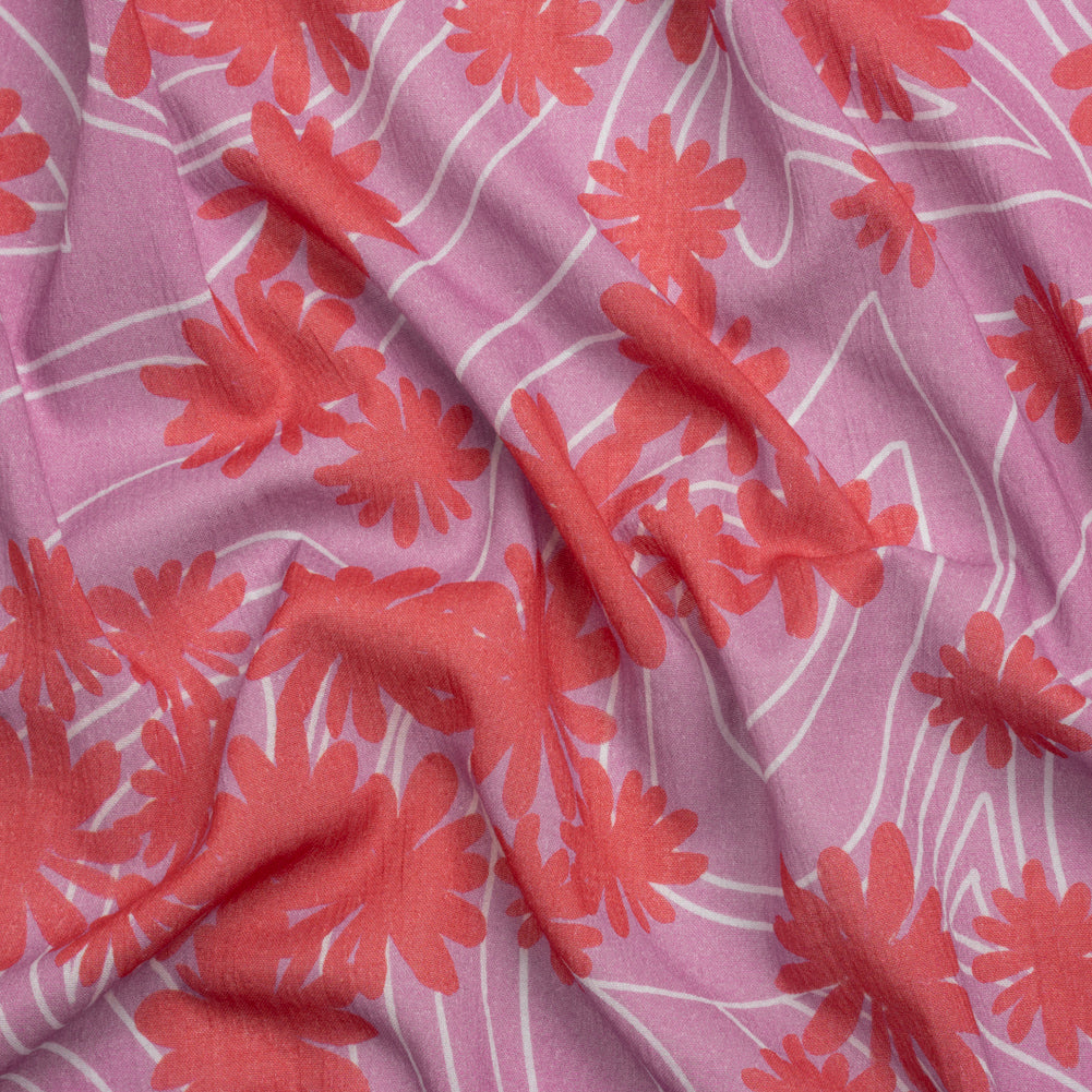 Crinkled Cotton Gauzy Woven Print - Red and Lilac Swirls and Florals - Mood Exclusive Daydreams and Daisies