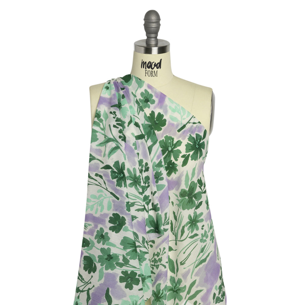 Crinkled Cotton Gauzy Woven Print - Lavender and Green Floral - Mood Exclusive Abundance Mindset Drape