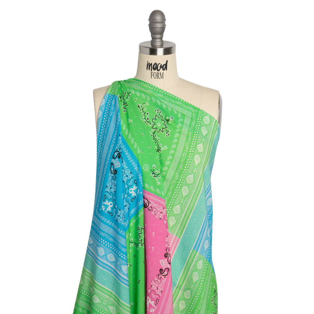 Metallic Viscose Woven Panel - Blue, Green and Pink Bandana Paisley Patchwork - Mood Exclusive Bandana Believer Drape