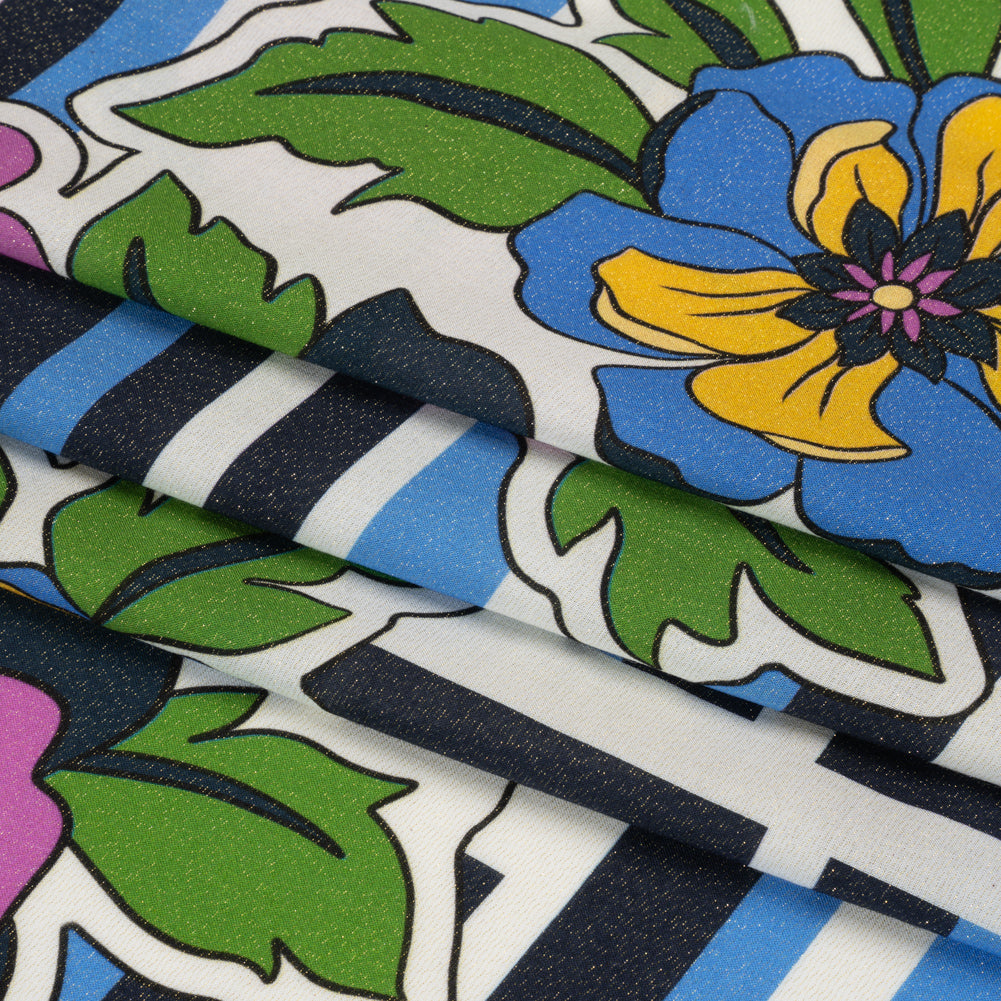Metallic Viscose Woven Print - Blue Stripes and Florals - Mood Exclusive Countess Clarissa Folded