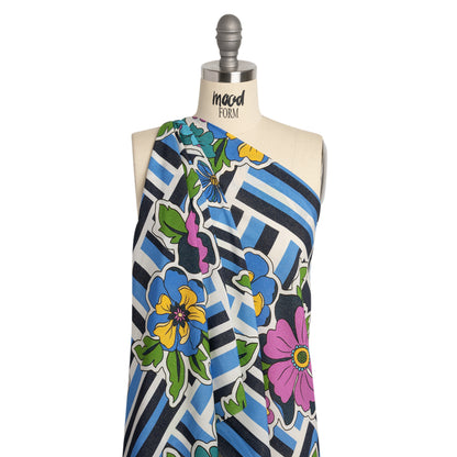 Metallic Viscose Woven Print - Blue Stripes and Florals - Mood Exclusive Countess Clarissa Drape