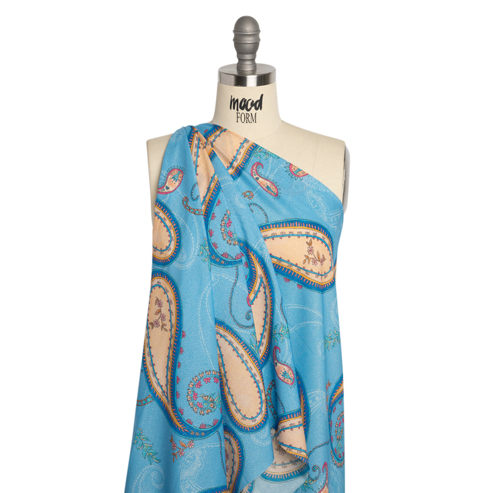 Metallic Viscose Woven Print - Blue and Peach Paisley - Mood Exclusive Bedelia Beginnings Drape