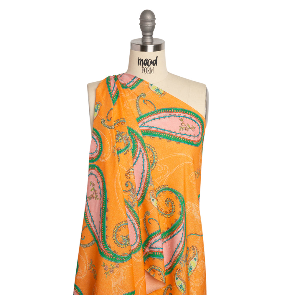 Metallic Viscose Woven Print - Orange and Green Paisley - Mood Exclusive Bedelia Beginnings Drape