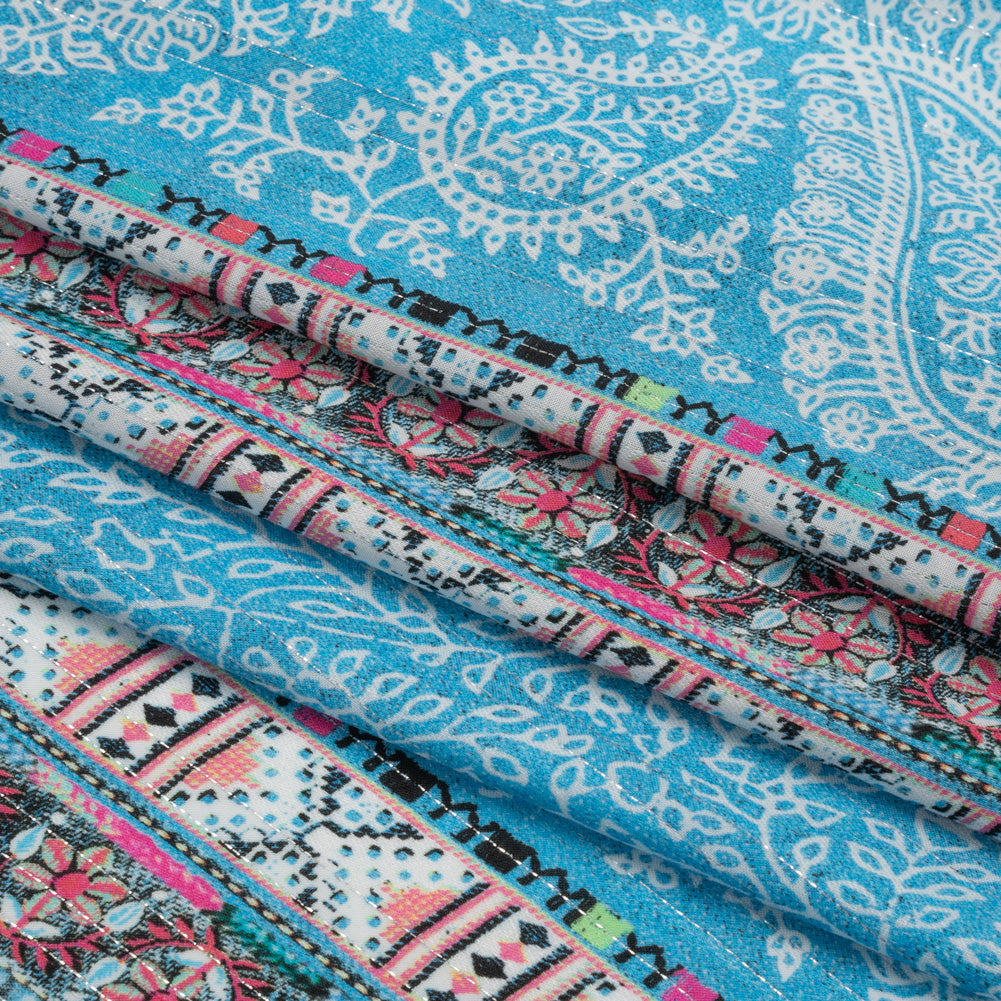 Metallic Striped Viscose Dobby Panel - Light Blue Paisley and Geometric - Mood Exclusive Bandana Bonanza - Folded