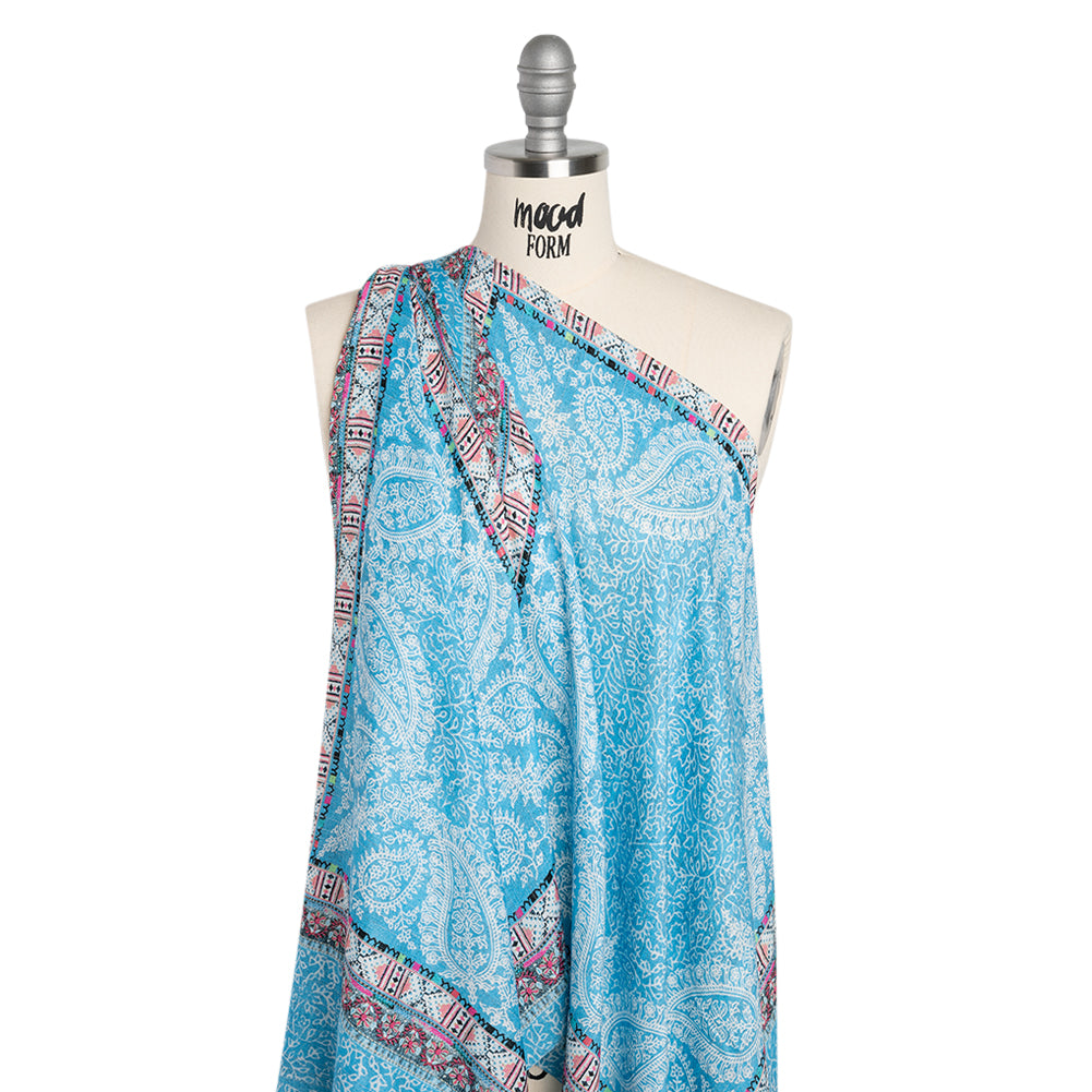 Metallic Striped Viscose Dobby Panel - Light Blue Paisley and Geometric - Mood Exclusive Bandana Bonanza - Drape