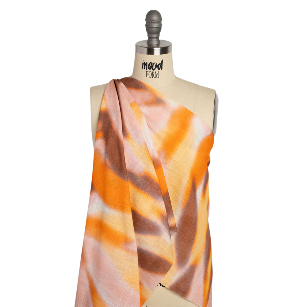 Slubbed Gauzy Cotton Woven Print - Orange, Pink and Brown Hazy Abstract - Mood Exclusive Scattered Sunlight Drape