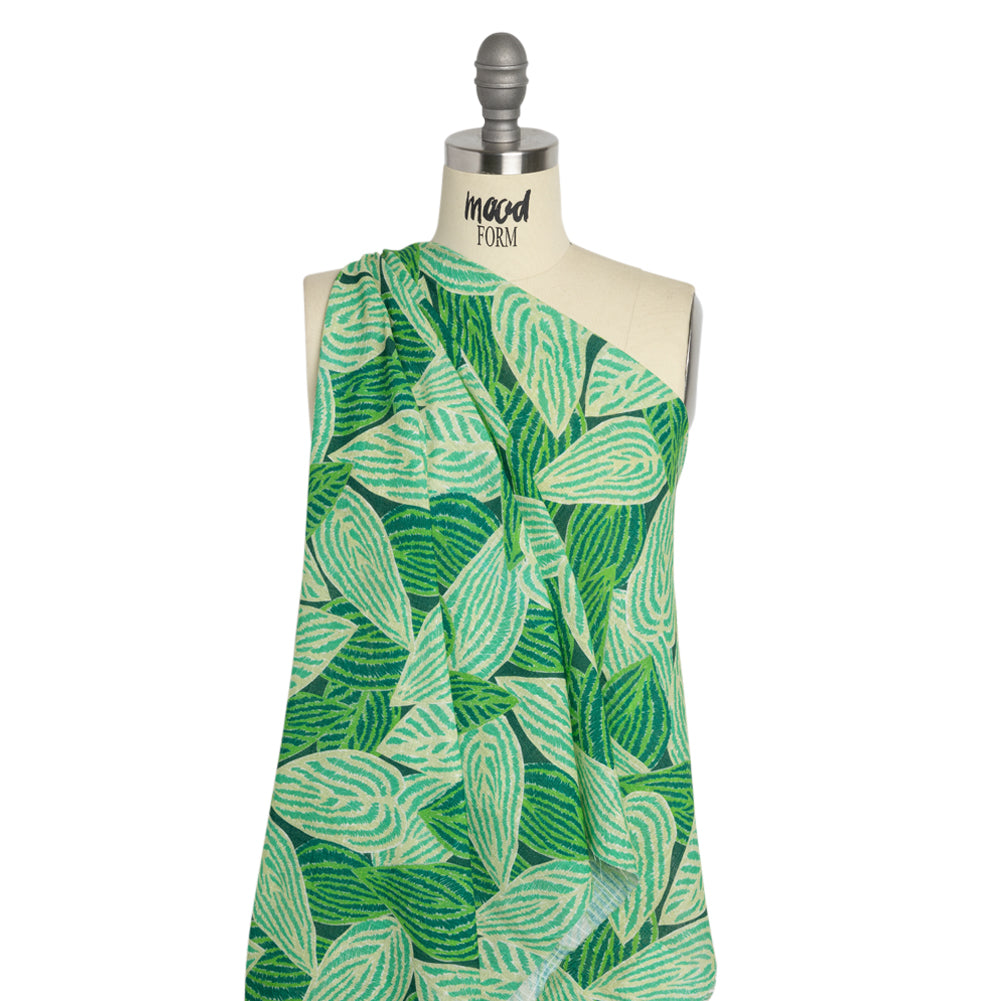 Slubbed Gauzy Cotton Woven Print - Green Simple Leaves - Mood Exclusive Leaf Linger Drape