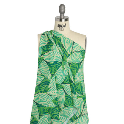 Slubbed Gauzy Cotton Woven Print - Green Simple Leaves - Mood Exclusive Leaf Linger Drape