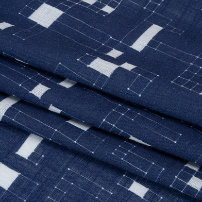 Slubbed Gauzy Cotton Woven Print - Navy Geometric Squares - Mood Exclusive Blocked In Folded