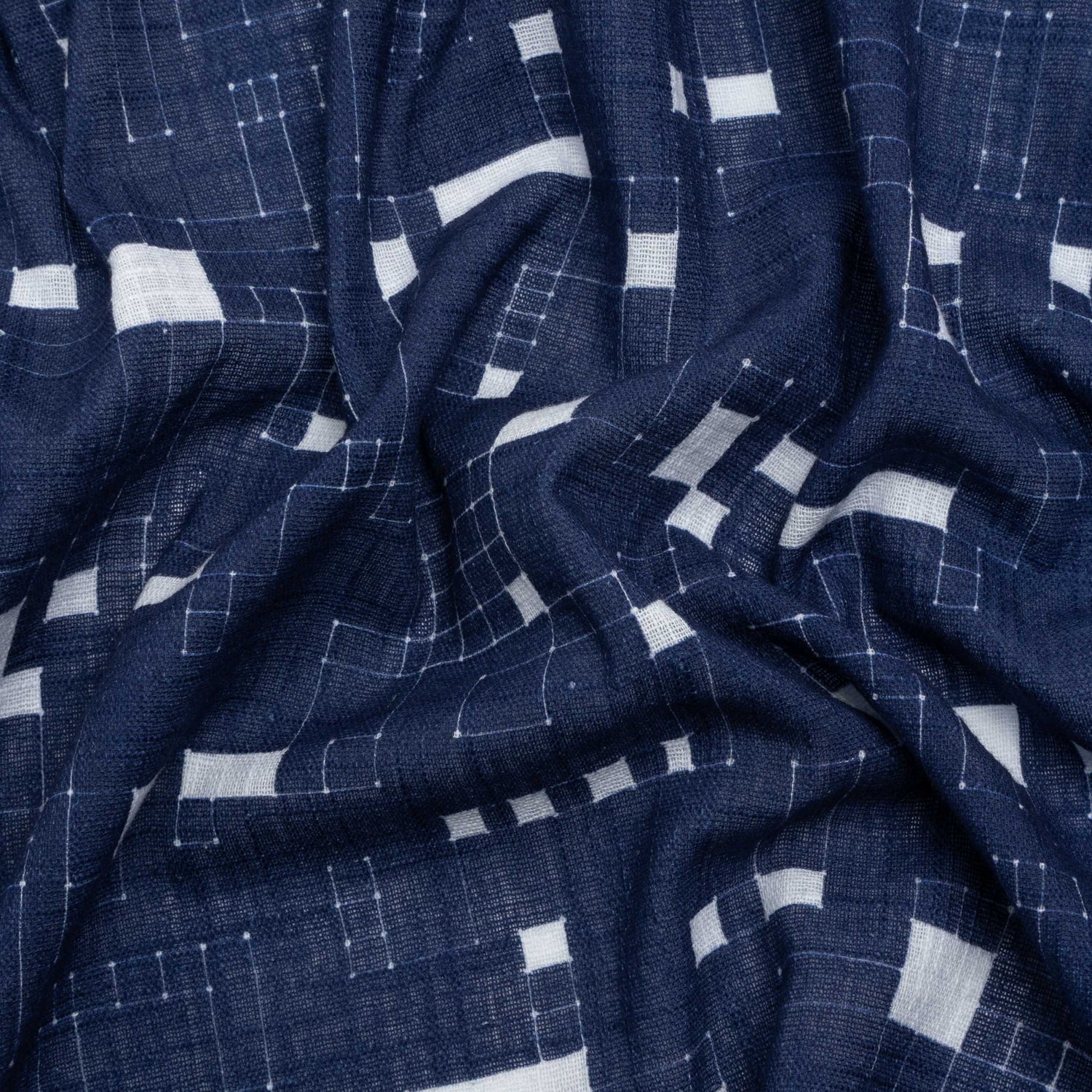Slubbed Gauzy Cotton Woven Print - Navy Geometric Squares - Mood Exclusive Blocked In