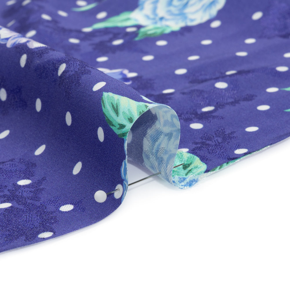 Floral Viscose Jacquard Print - Indigo, Blue and Pink Floral and Polka Dots - Mood Exclusive Rose Bush Banter Folded