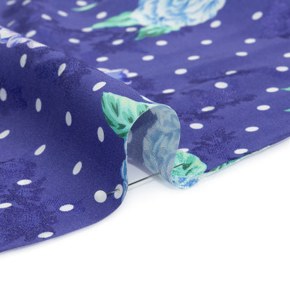 Floral Viscose Jacquard Print - Indigo, Blue and Pink Floral and Polka Dots - Mood Exclusive Rose Bush Banter Folded