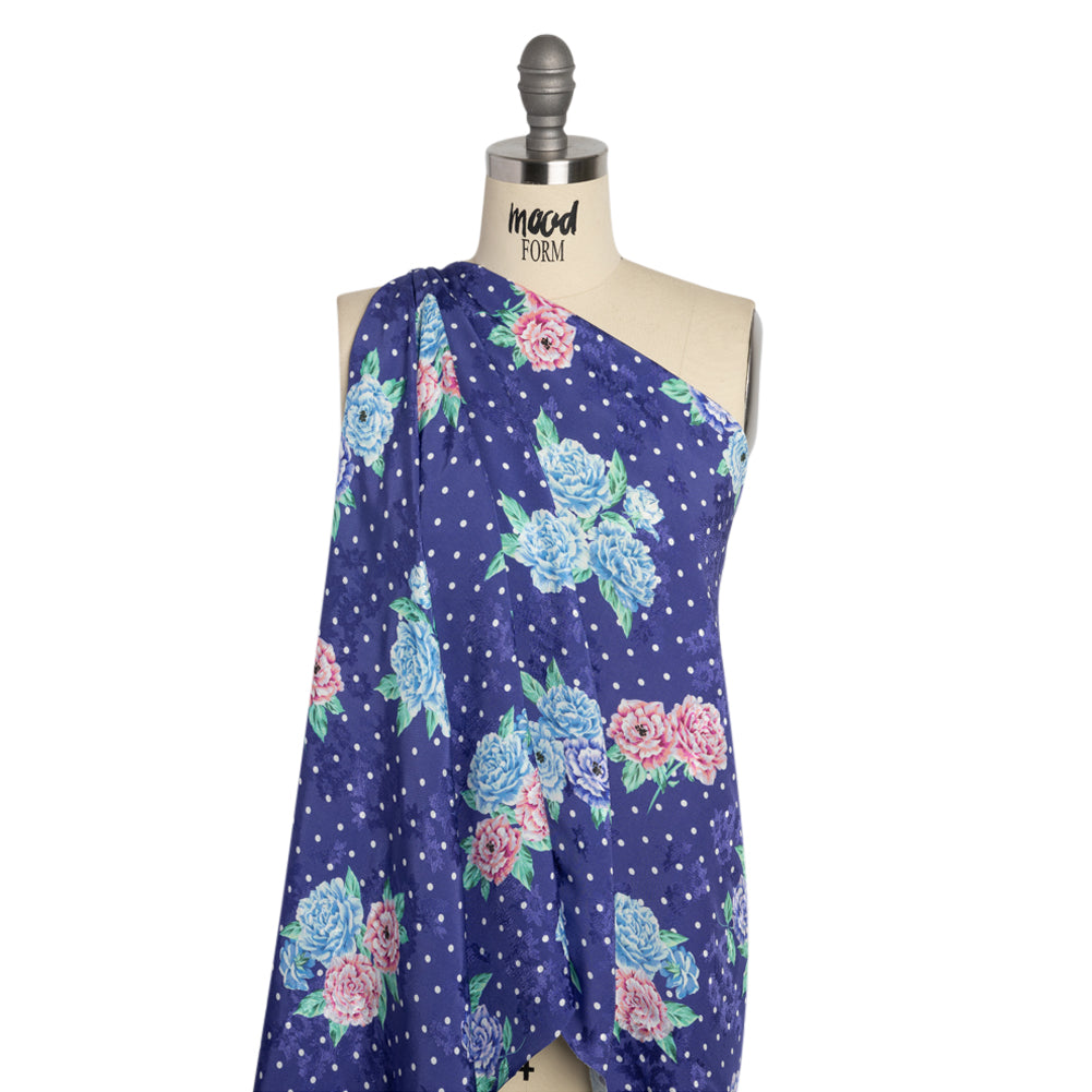 Floral Viscose Jacquard Print - Indigo, Blue and Pink Floral and Polka Dots - Mood Exclusive Rose Bush Banter Detail