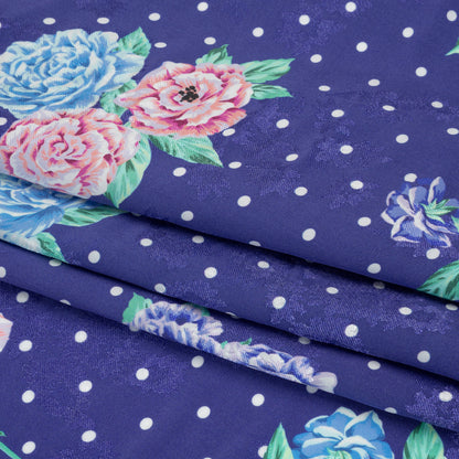 Floral Viscose Jacquard Print - Indigo, Blue and Pink Floral and Polka Dots - Mood Exclusive Rose Bush Banter Full