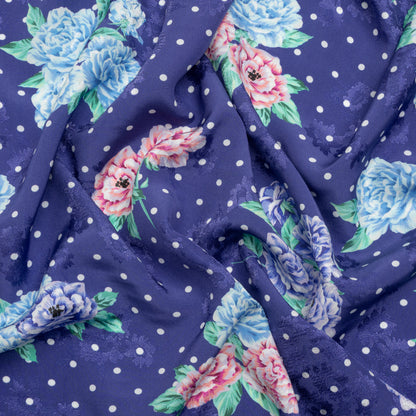 Floral Viscose Jacquard Print - Indigo, Blue and Pink Floral and Polka Dots - Mood Exclusive Rose Bush Banter