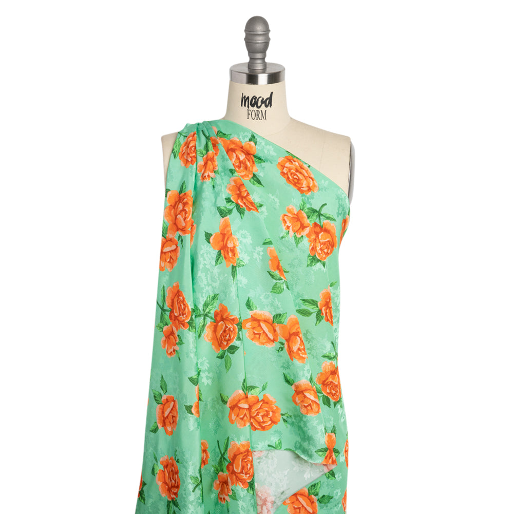 Floral Viscose Jacquard Print - Mint Green and Orange Floral - Mood Exclusive Robin's Egg Rose Detail
